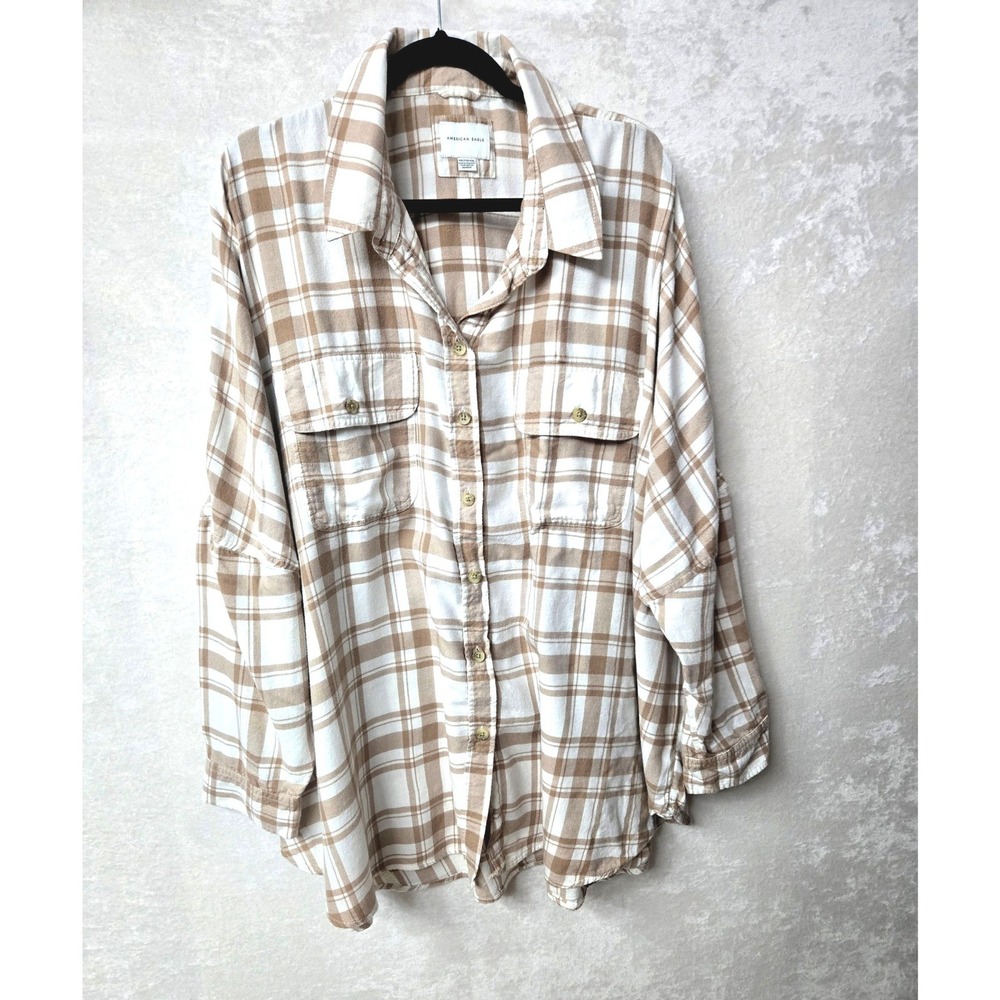 American Eagle Womens Tan White Plaid Flannel XXL Oversized Button Down Shirt